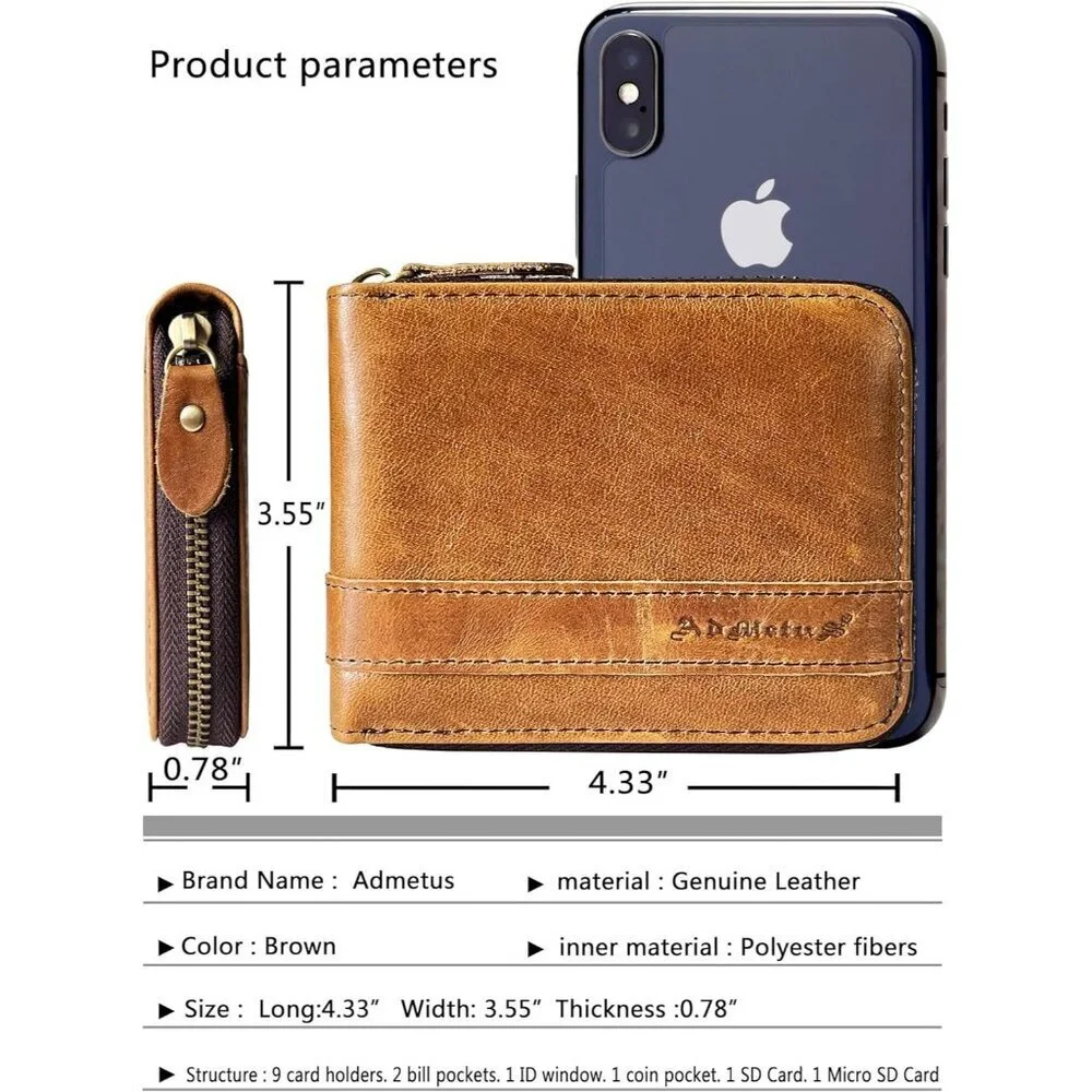 Men's Genuine Leather Dark Tan Short Zip Around Pockets Bifold Wallet Card